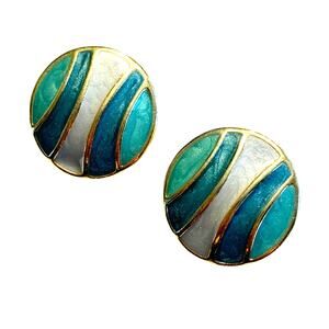 Trifari pierced earrings vintage 90s gold rounds green blue gray enamel swirl